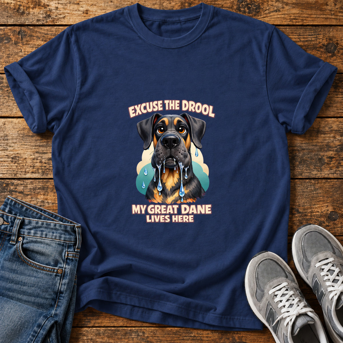 Excuse The Drool Great Dane graphic T-shirt in Navy, shown on a flat-lay shirt mockup