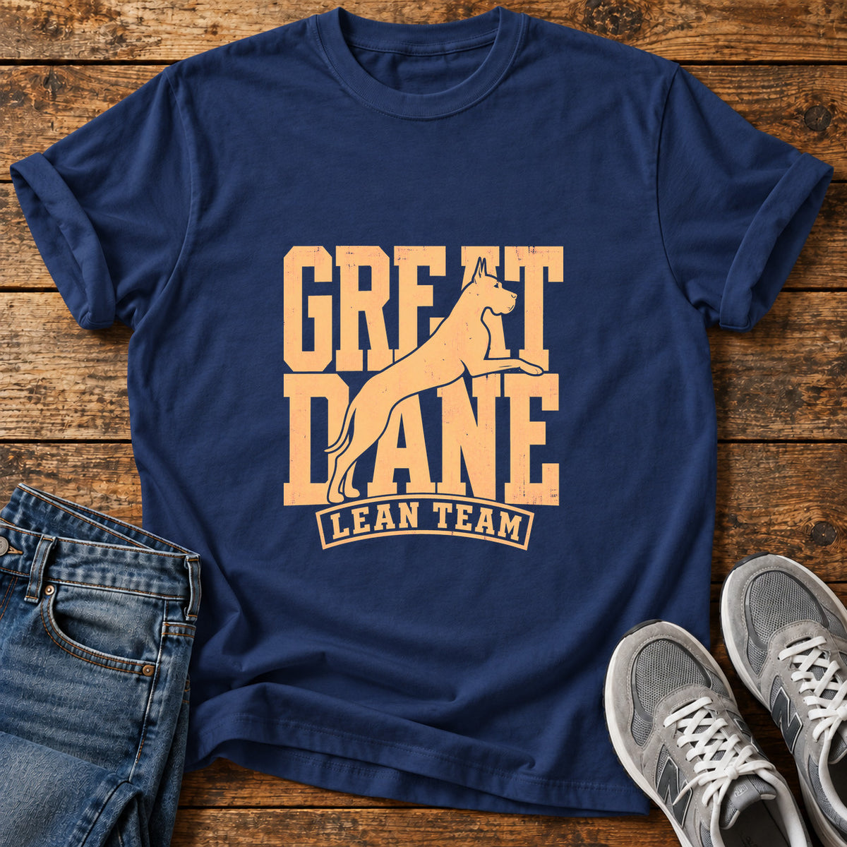 Great Dane Team graphic T-shirt in Navy, shown on a flat-lay shirt mockup
