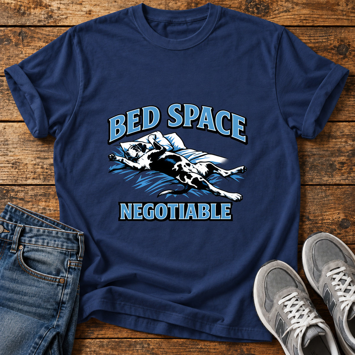 Bed Space Negotiable Great Dane graphic T-shirt in Navy, shown on a flat-lay shirt mockup