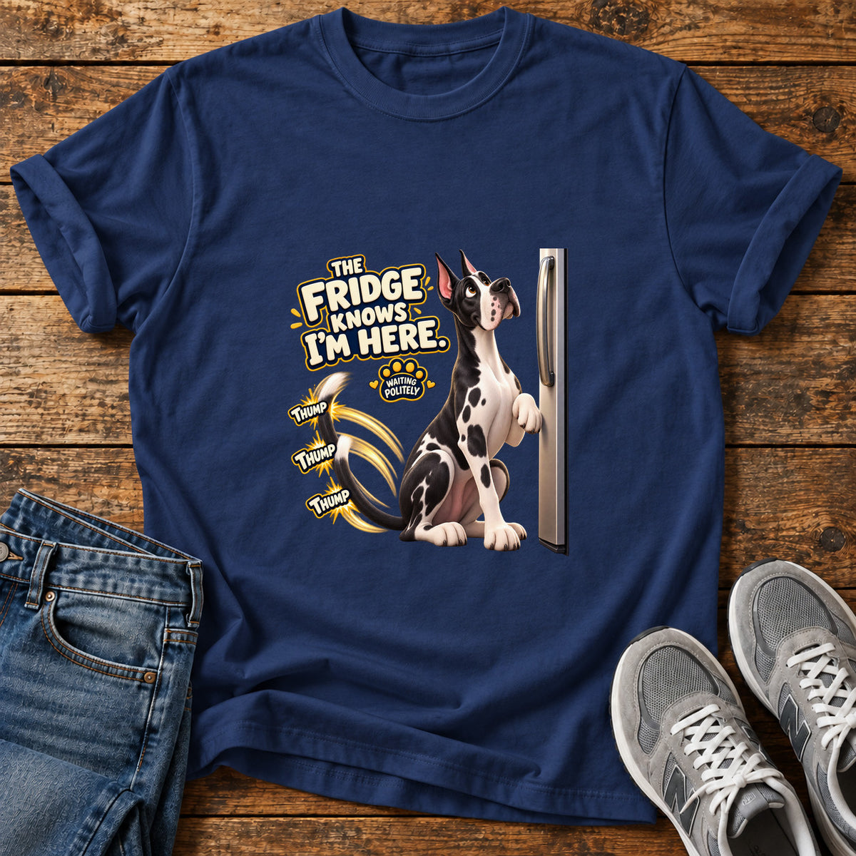 Fridge Knows Great Dane graphic T-shirt in Navy, shown on a flat-lay shirt mockup