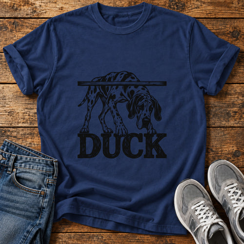 Duck Dog Great Dane graphic T-shirt in Navy, shown on a flat-lay shirt mockup