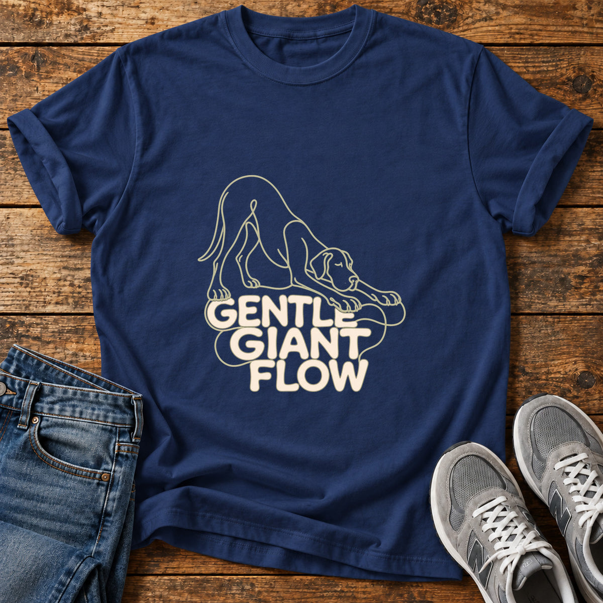 Gentle Giant Flow Great Dane graphic T-shirt in Navy, shown on a flat-lay shirt mockup