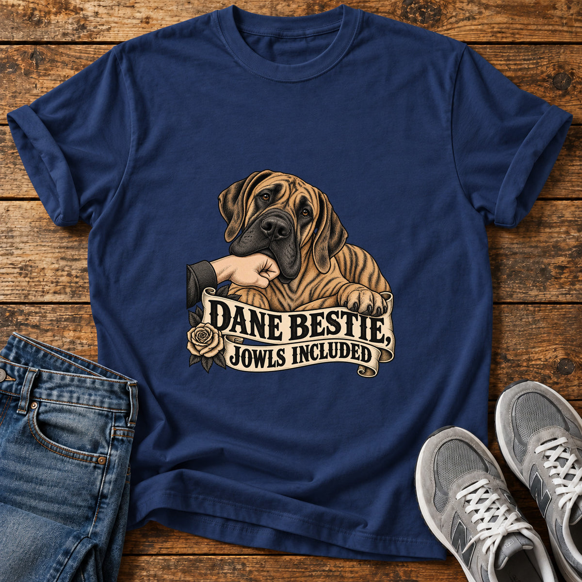 Dane Bestie Jowls Great Dane graphic T-shirt in Navy, shown on a flat-lay shirt mockup