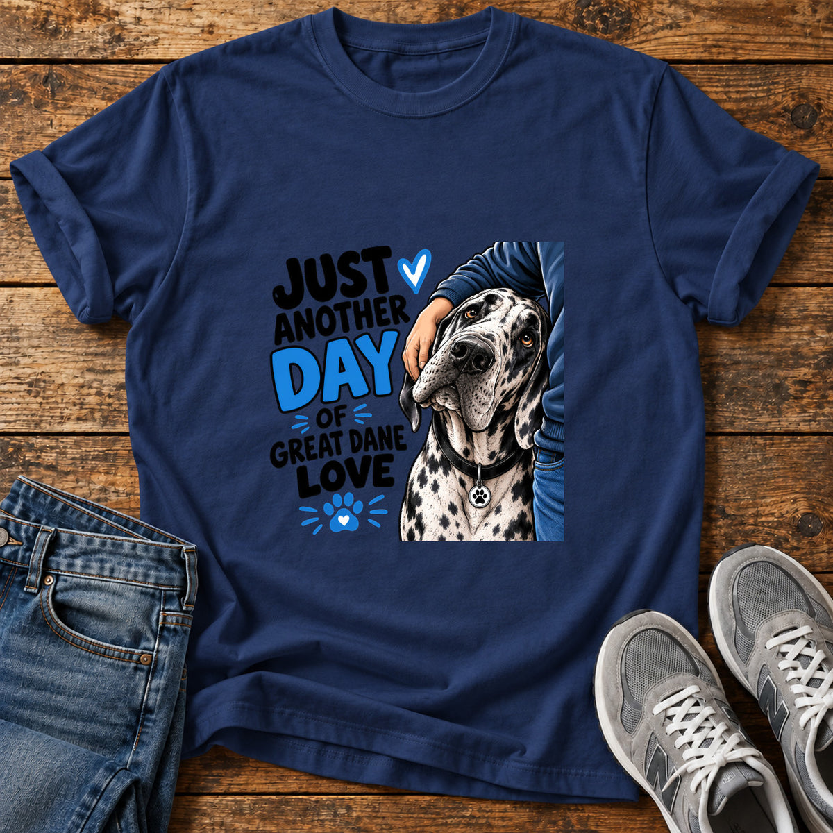 Great Dane Love graphic T-shirt in Navy, shown on a flat-lay shirt mockup
