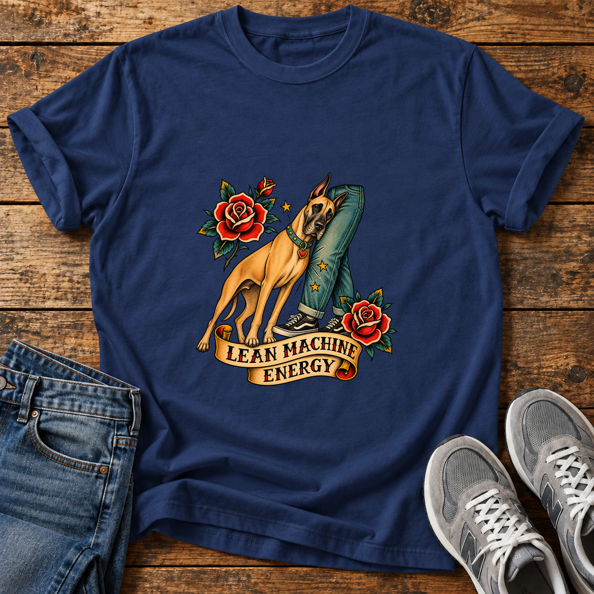 Lean Machine Energy Great Dane graphic T-shirt in Navy, shown on a flat-lay shirt mockup