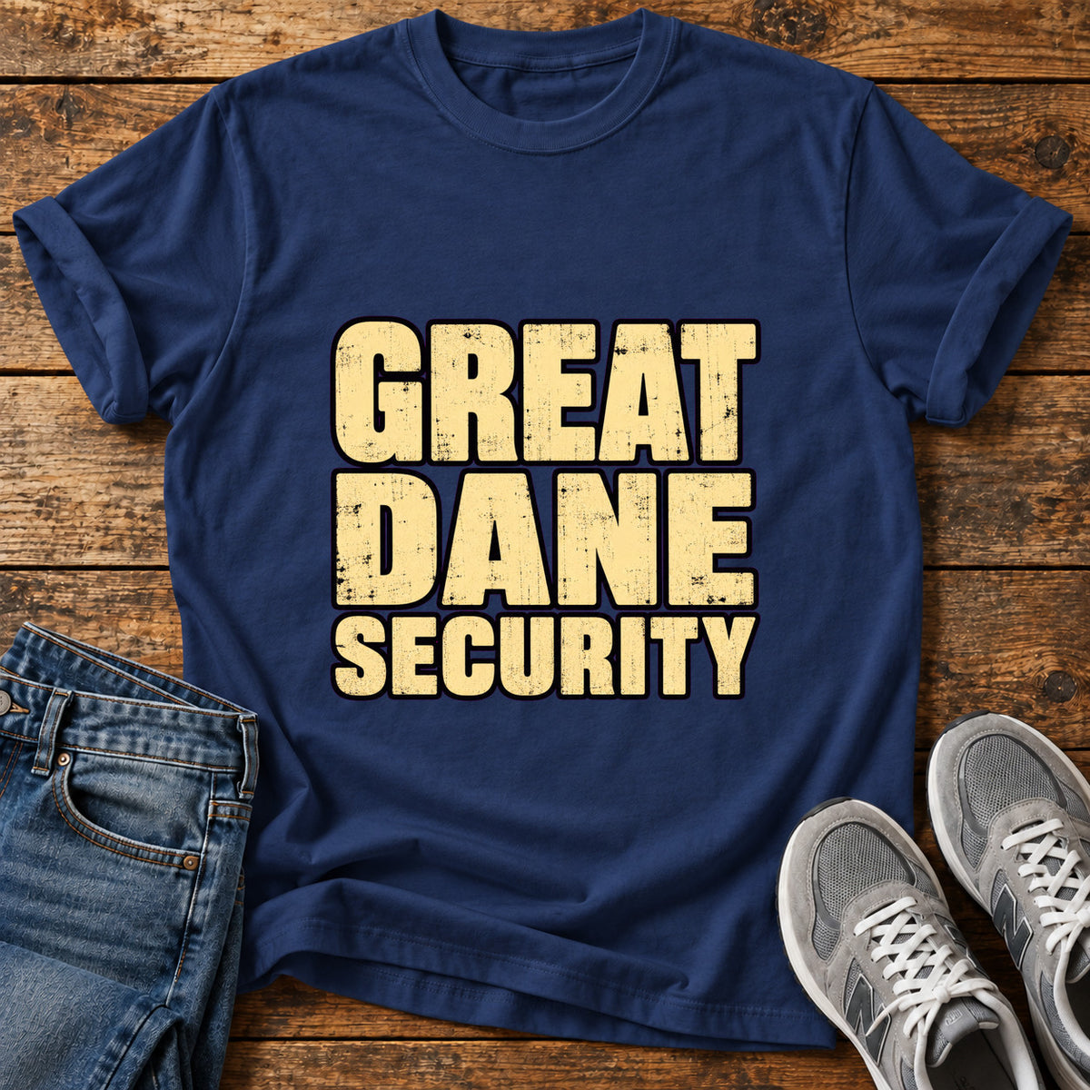 Great Dane Security graphic T-shirt in Navy, shown on a flat-lay shirt mockup