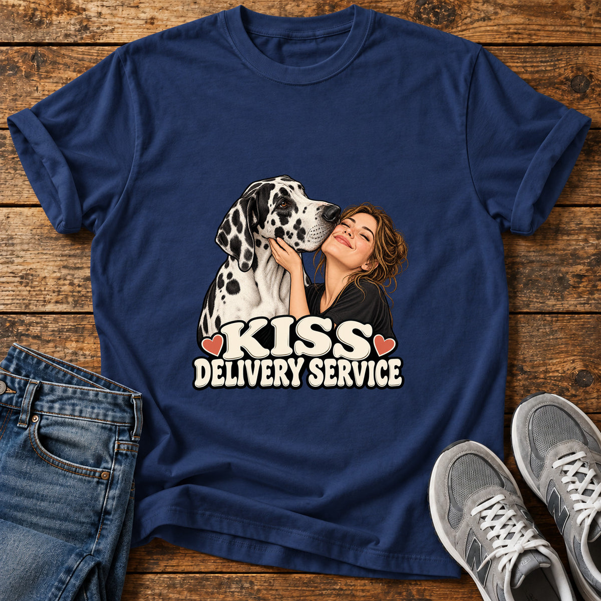 Kiss Delivery Great Dane graphic T-shirt in Navy, shown on a flat-lay shirt mockup