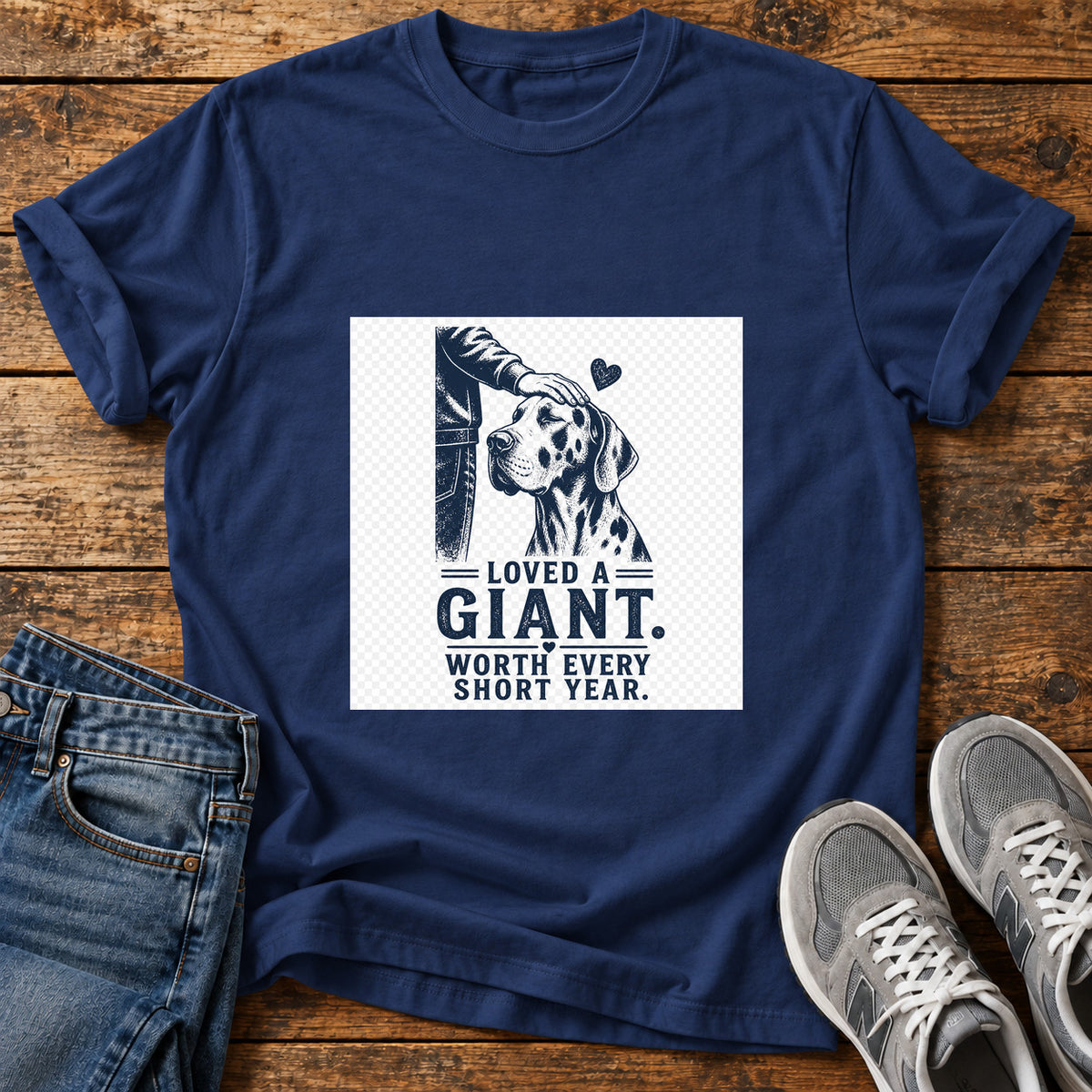 Loved A Giant Great Dane graphic T-shirt in Navy, shown on a flat-lay shirt mockup