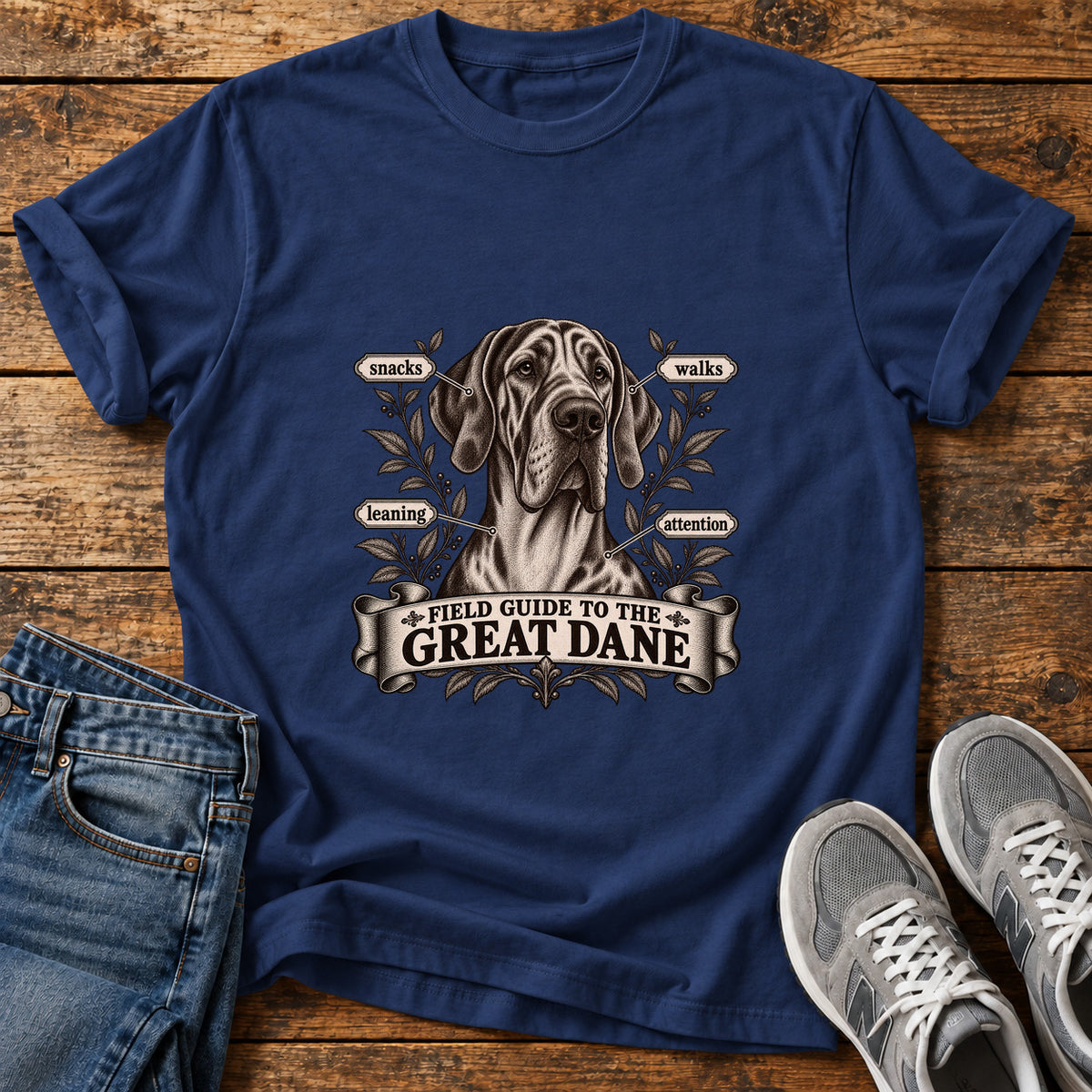 Great Dane Guide graphic T-shirt in Navy, shown on a flat-lay shirt mockup