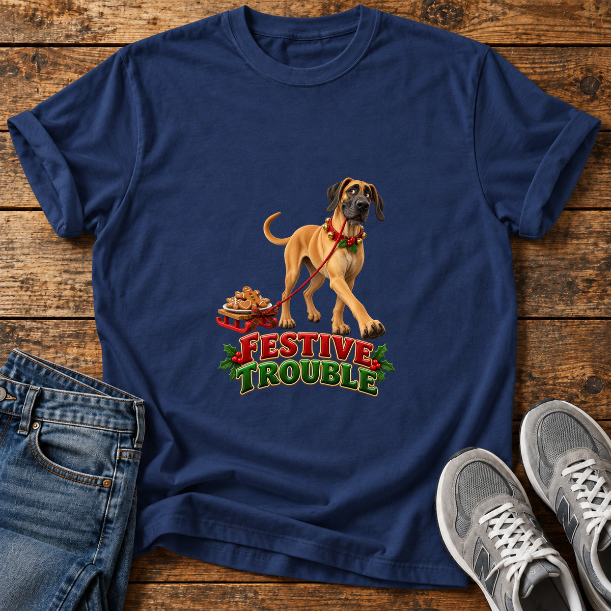Festive Trouble Great Dane graphic T-shirt in Navy, shown on a flat-lay shirt mockup