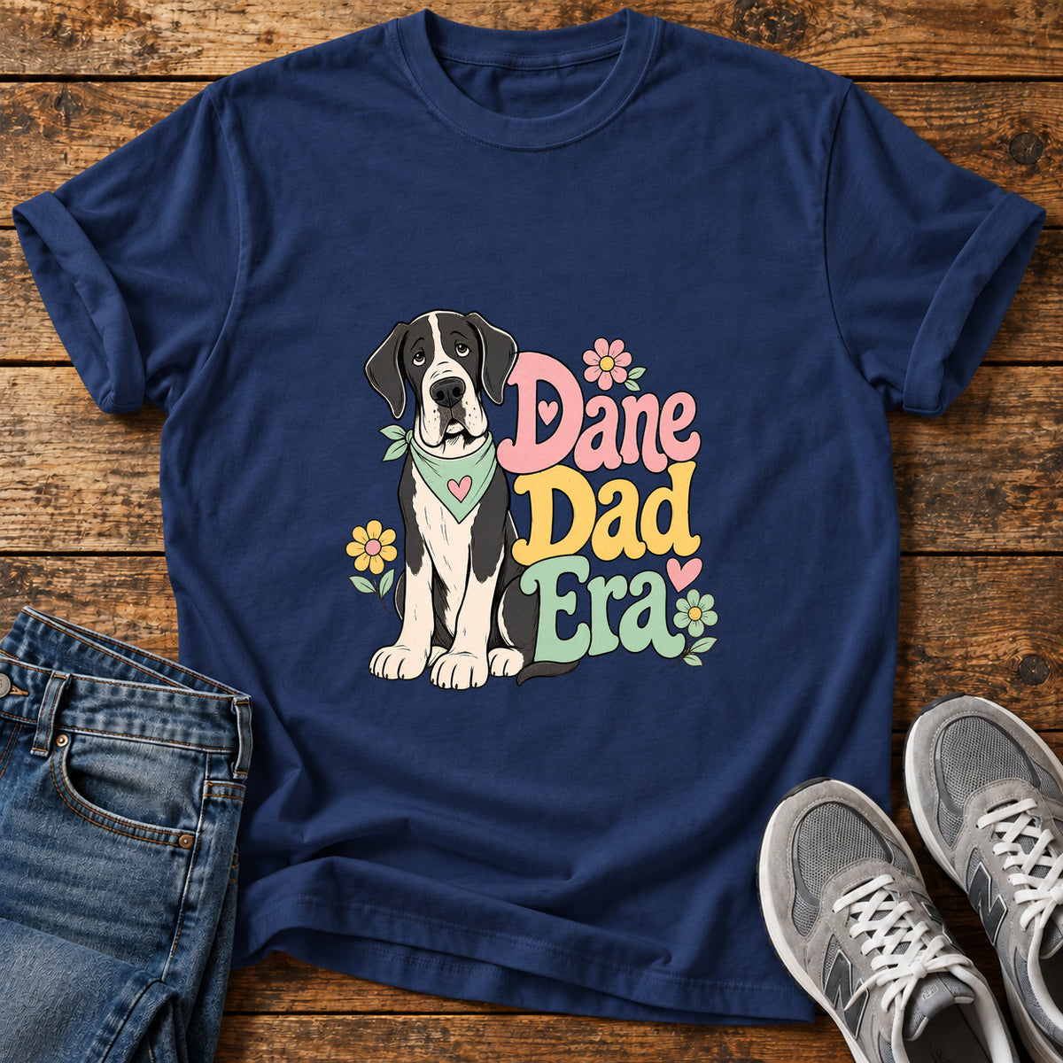Dane Dad Era Great Dane graphic T-shirt in Navy, shown on a flat-lay shirt mockup