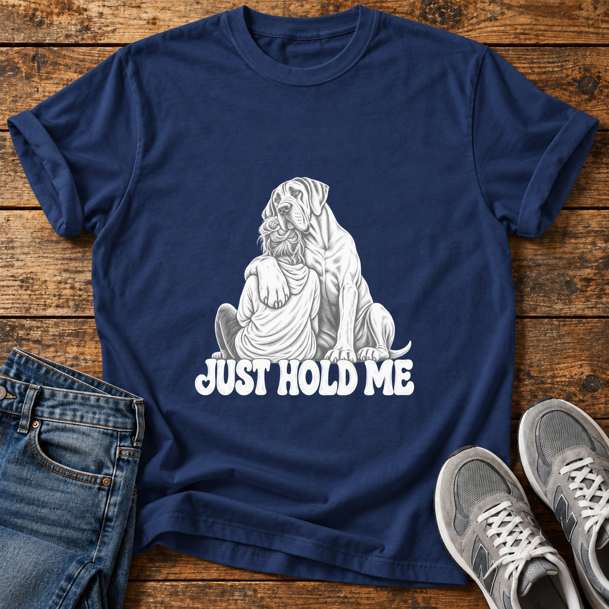 Just Hold Me Great Dane graphic T-shirt in Navy, shown on a flat-lay shirt mockup