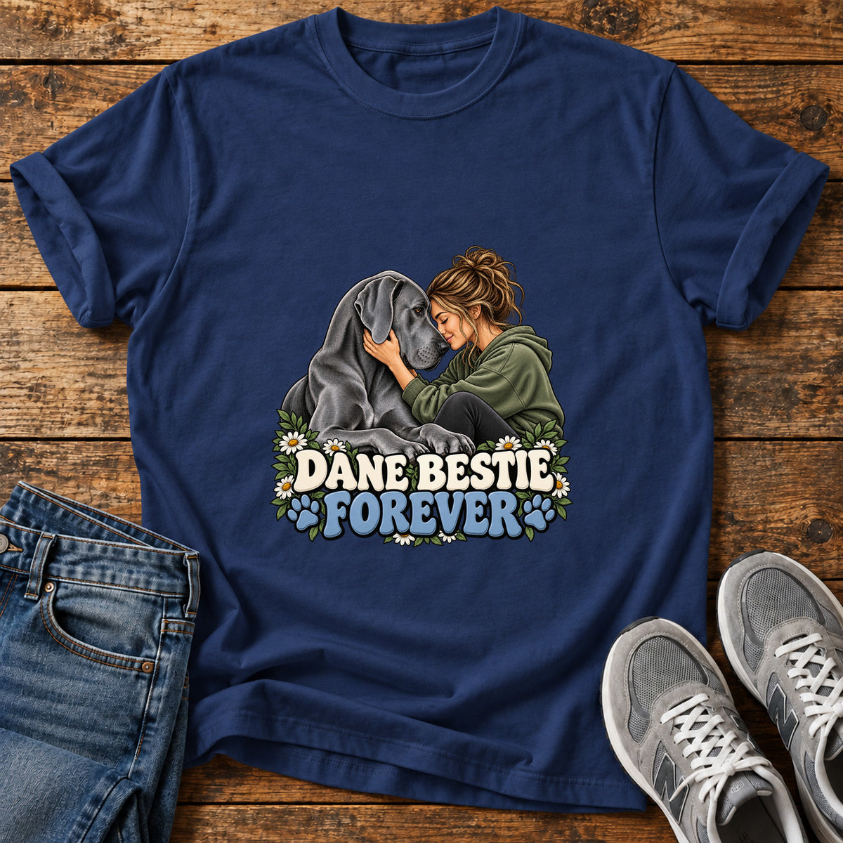 Dane Bestie Forever Great Dane graphic T-shirt in Navy, shown on a flat-lay shirt mockup