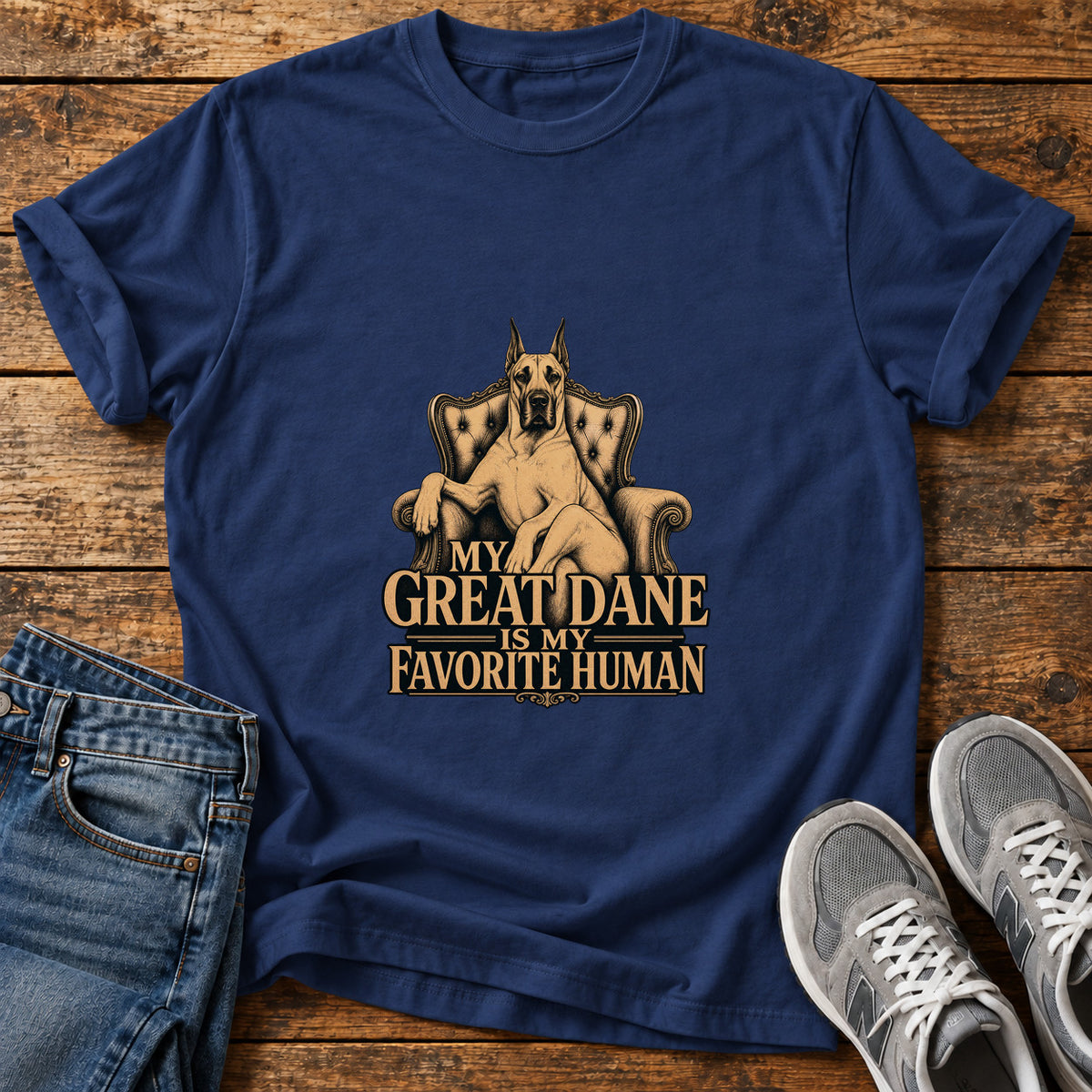 Great Dane Favorite graphic T-shirt in Navy, shown on a flat-lay shirt mockup
