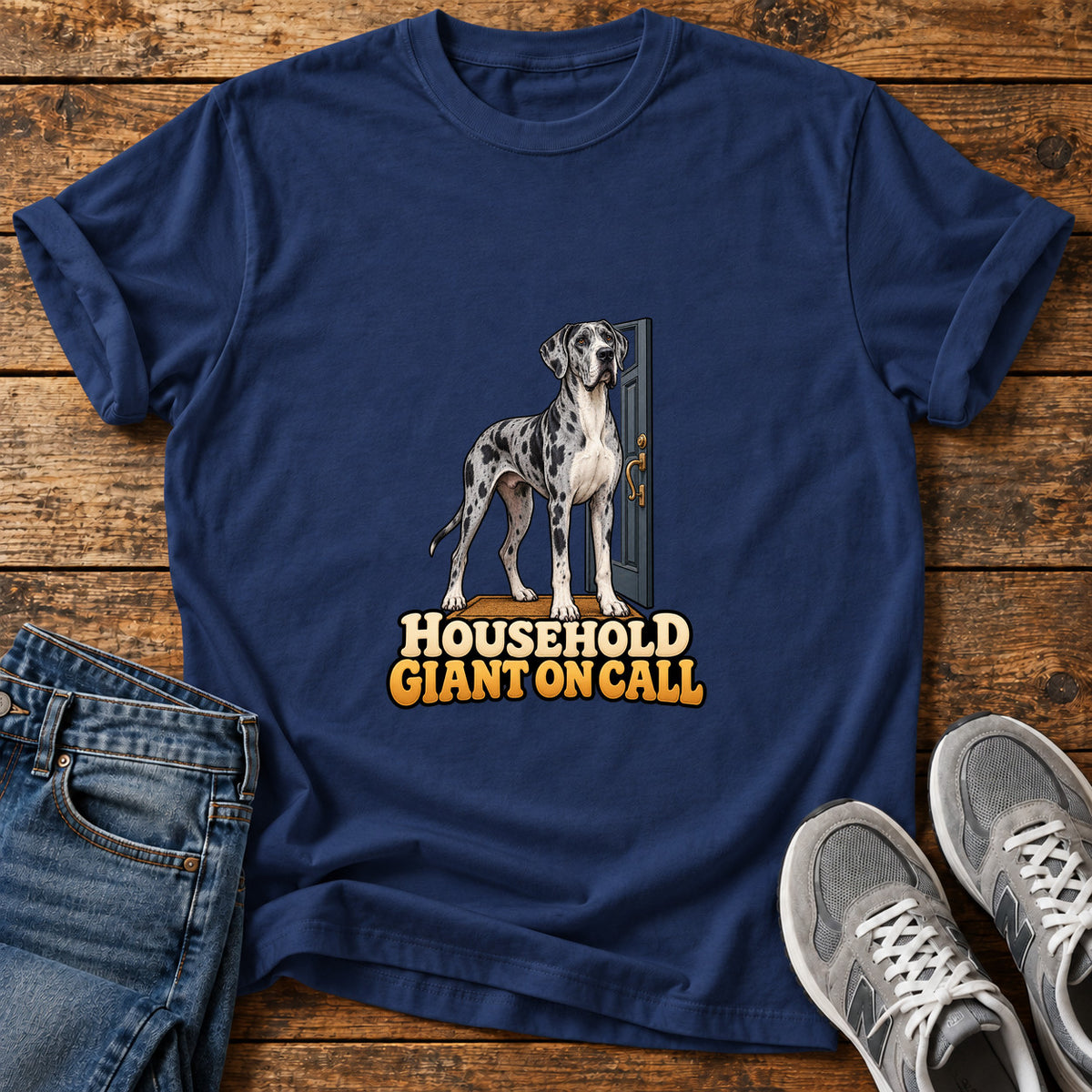 Household Giant Great Dane graphic T-shirt in Navy, shown on a flat-lay shirt mockup