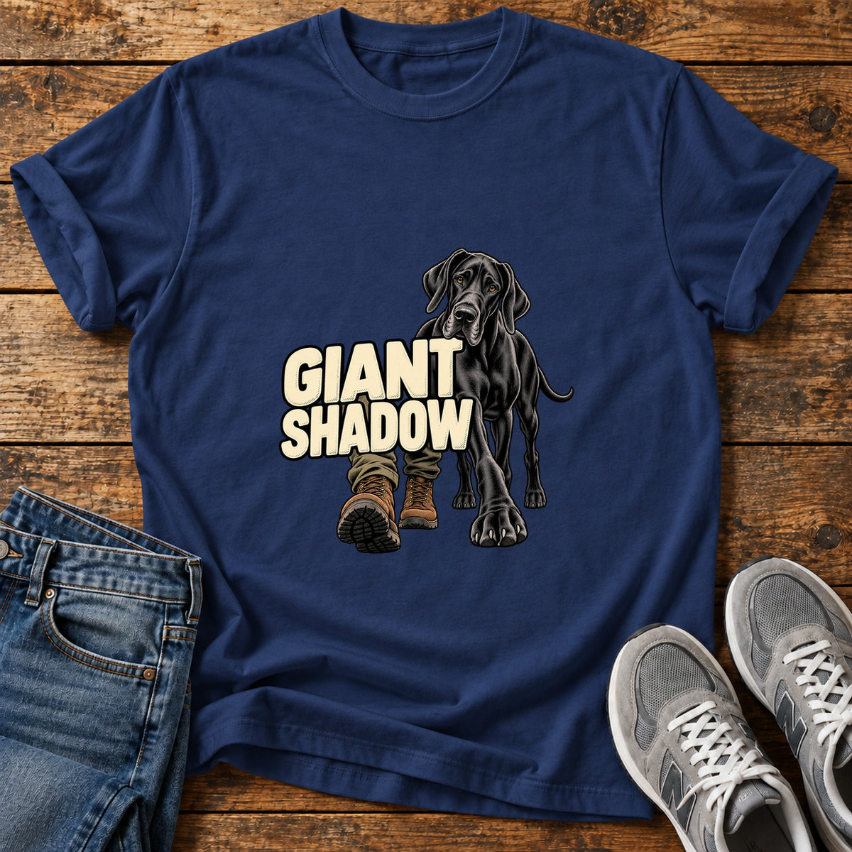Giant Shadow Great Dane graphic T-shirt in Navy, shown on a flat-lay shirt mockup