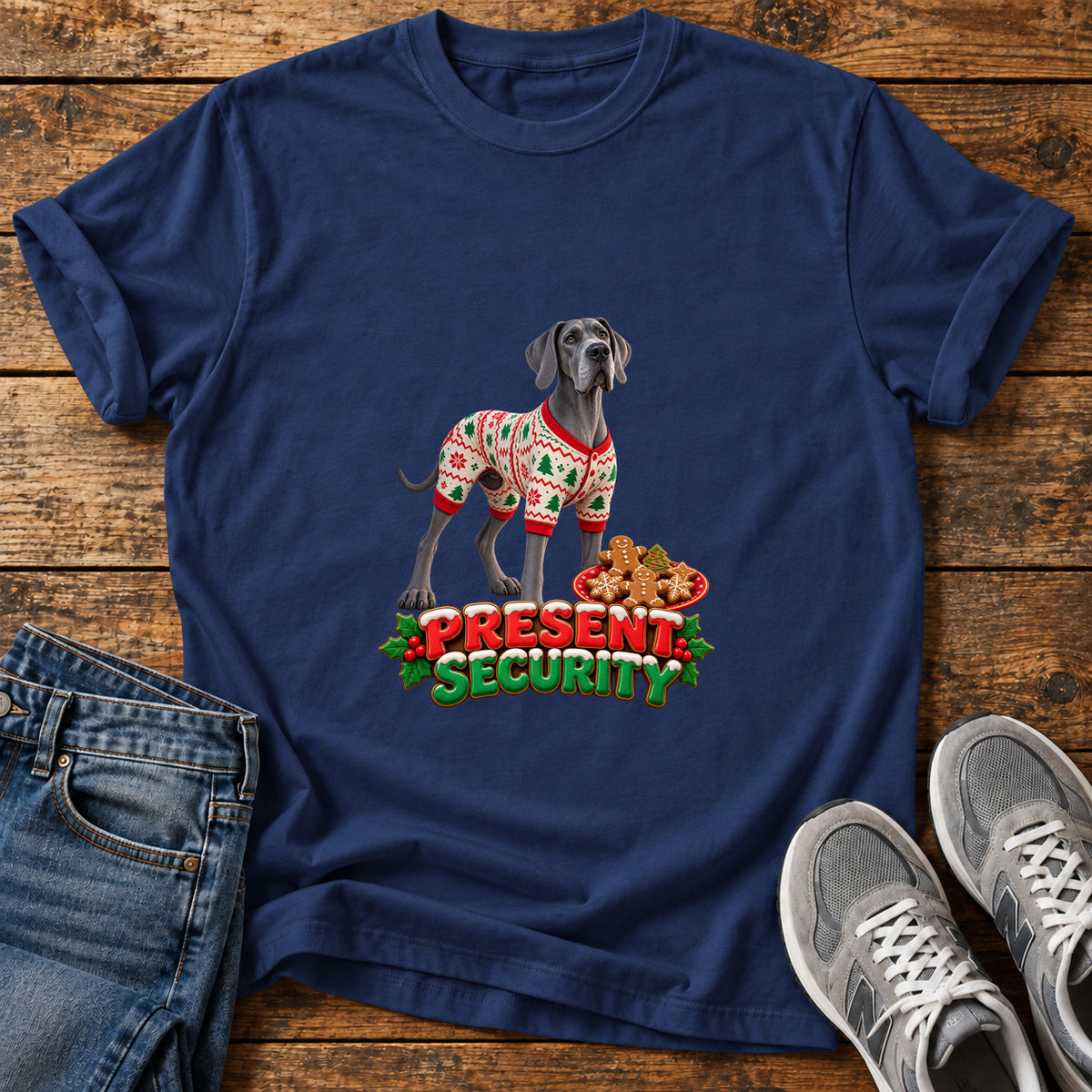 Present Security Great Dane graphic T-shirt in Navy, shown on a flat-lay shirt mockup