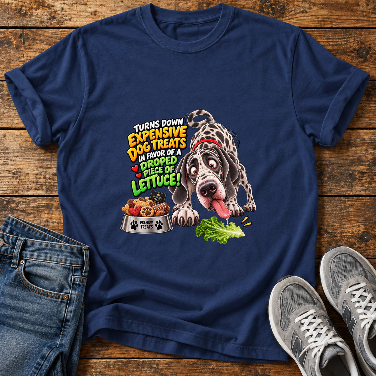 Dog's Lettuce Love Great Dane graphic T-shirt in Navy, shown on a flat-lay shirt mockup