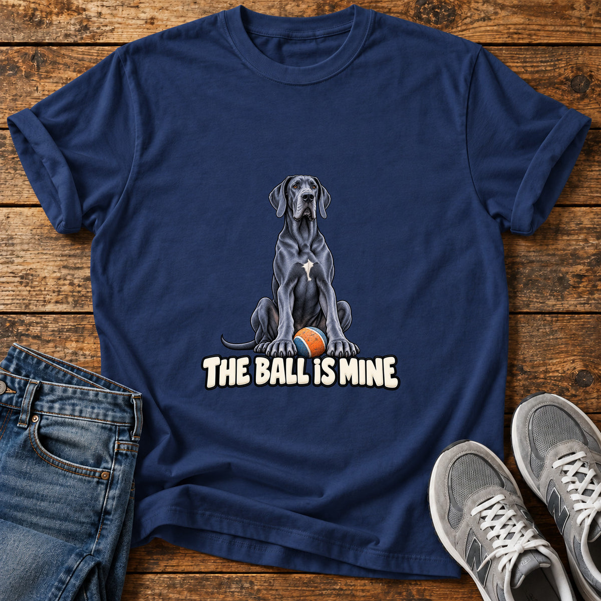 The Ball Is Great Dane graphic T-shirt in Navy, shown on a flat-lay shirt mockup