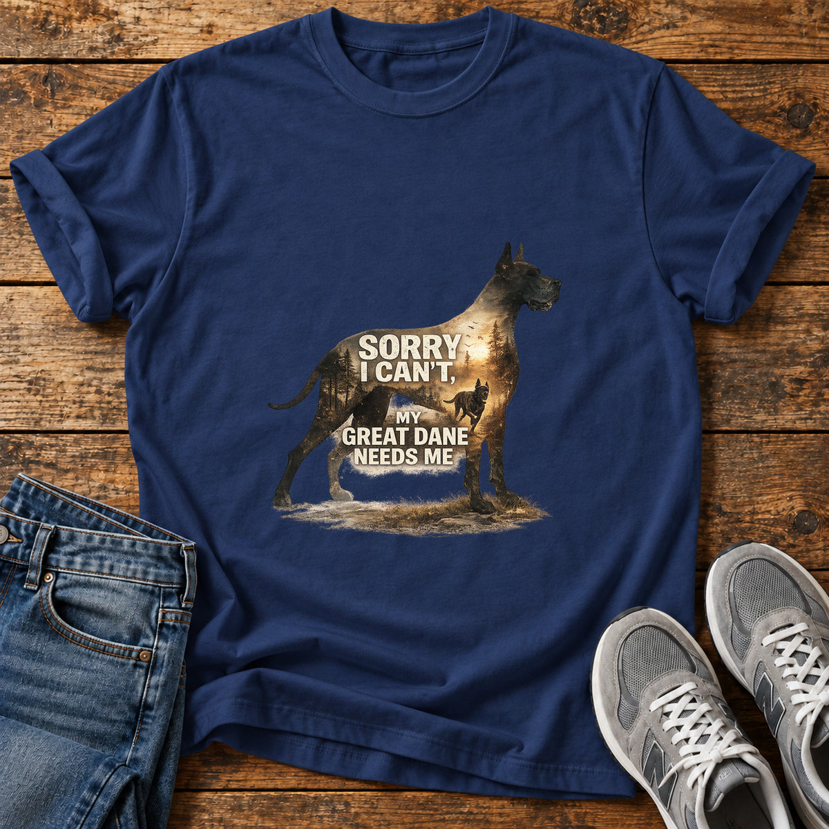 Great Dane Love graphic T-shirt in Navy, shown on a flat-lay shirt mockup