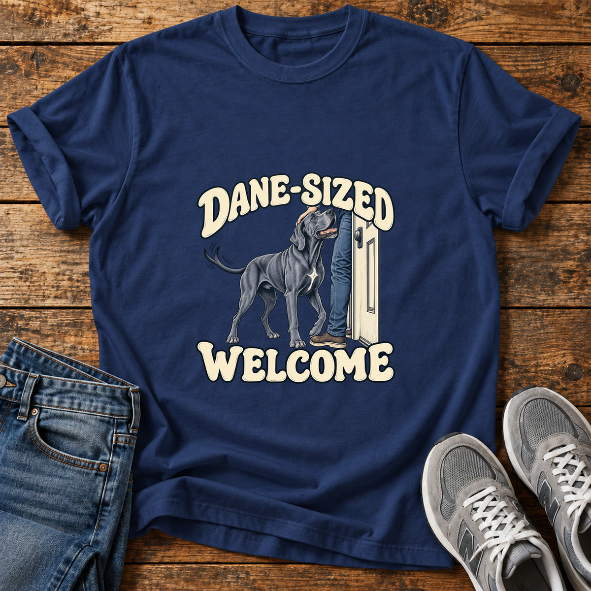 Dane-Sized Welcome Great Dane graphic T-shirt in Navy, shown on a flat-lay shirt mockup