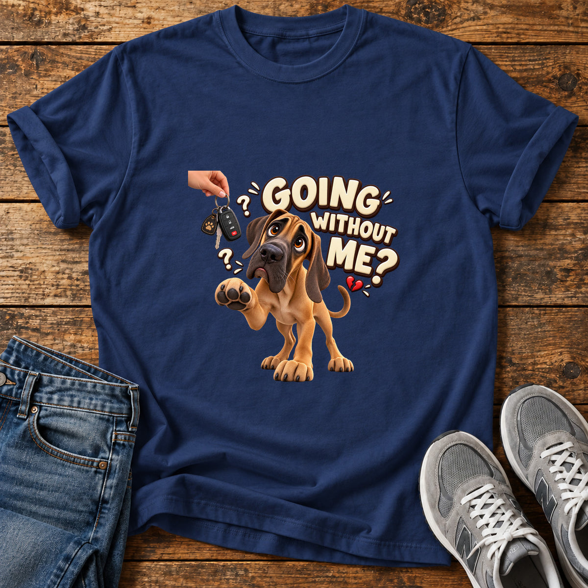 Going Without Me Great Dane graphic T-shirt in Navy, shown on a flat-lay shirt mockup
