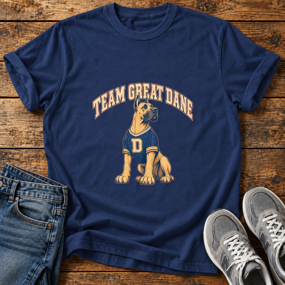 Team Great Dane graphic T-shirt in Navy, shown on a flat-lay shirt mockup