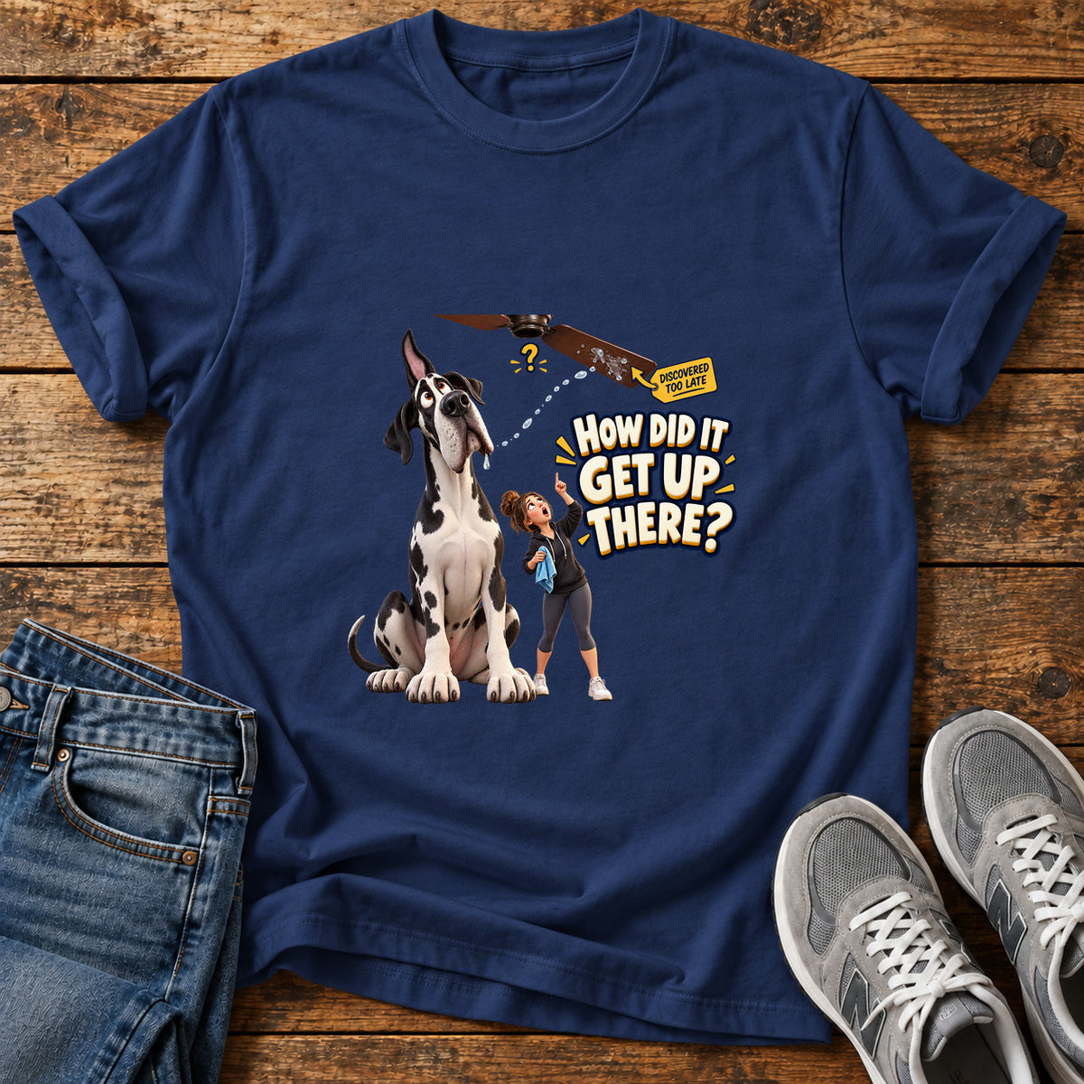 Get Up There Great Dane graphic T-shirt in Navy, shown on a flat-lay shirt mockup