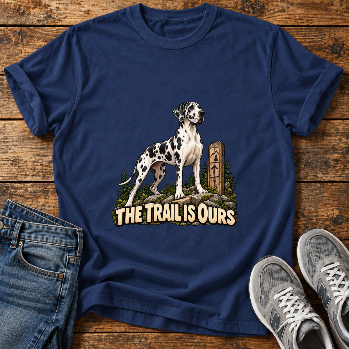 Trail Is Ours Great Dane graphic T-shirt in Navy, shown on a flat-lay shirt mockup
