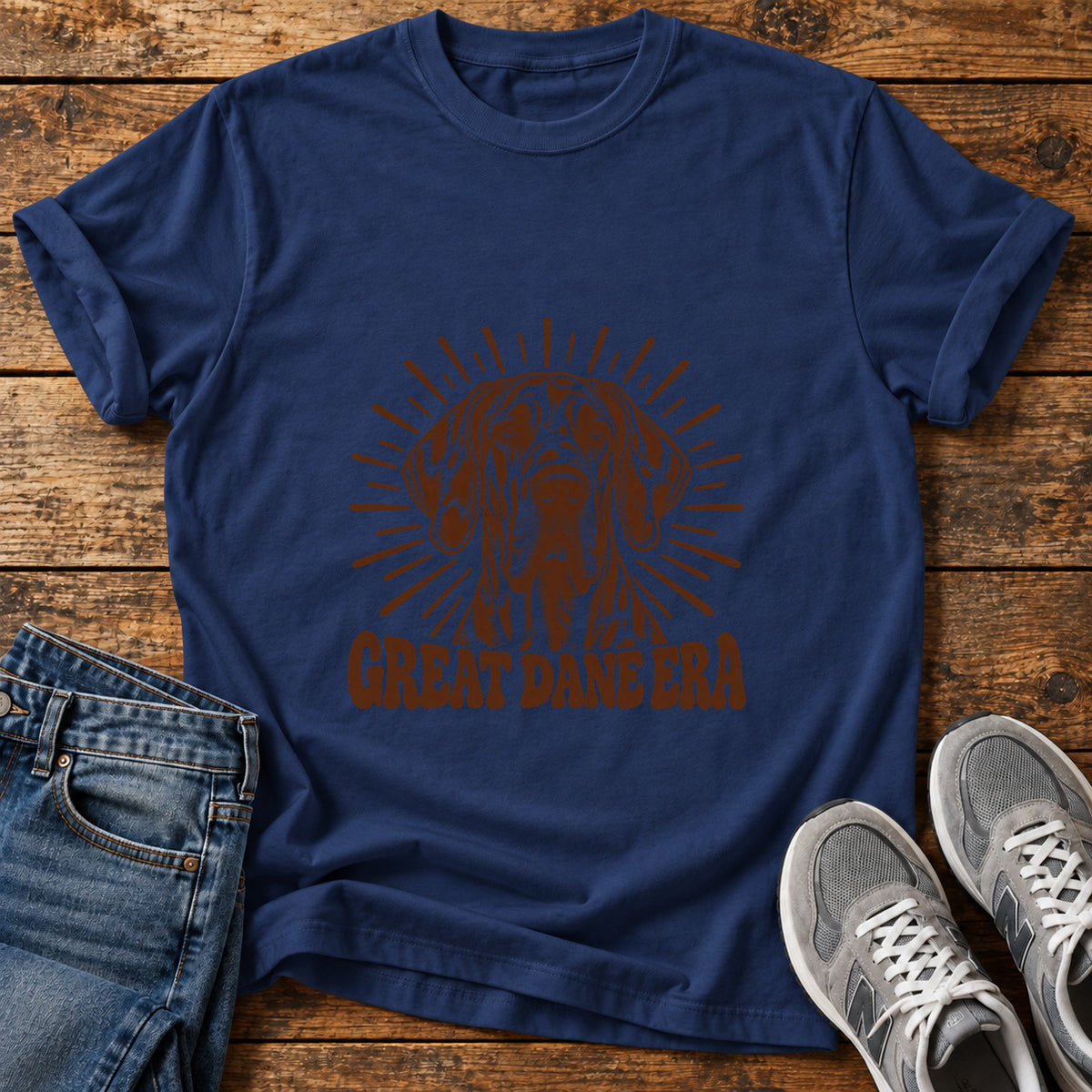Great Dane Era graphic T-shirt in Navy, shown on a flat-lay shirt mockup