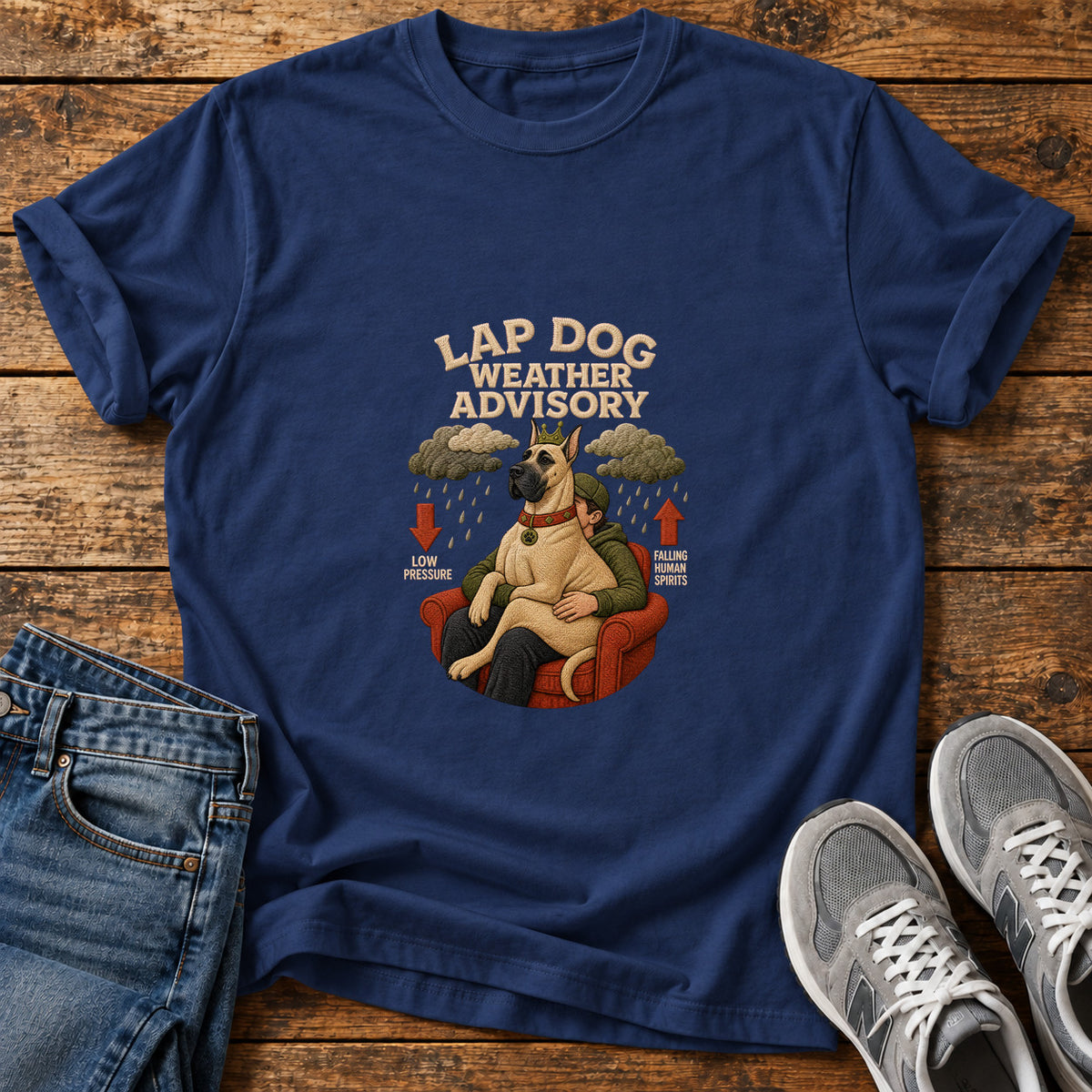Lap Dog Weather Great Dane graphic T-shirt in Navy, shown on a flat-lay shirt mockup