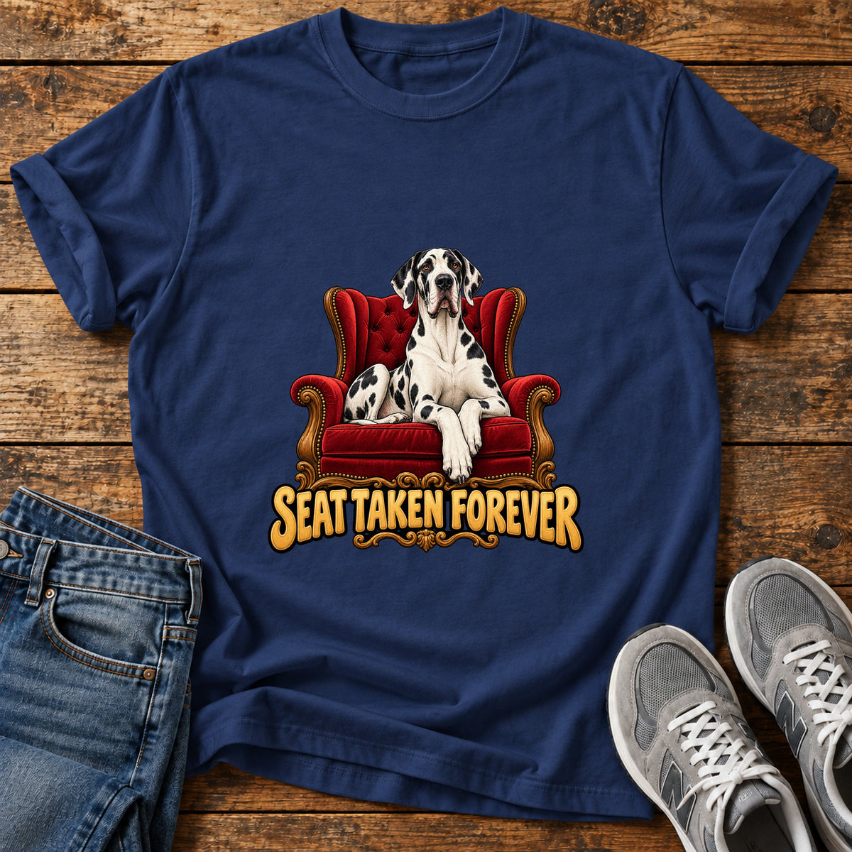 Seat Taken Great Dane graphic T-shirt in Navy, shown on a flat-lay shirt mockup