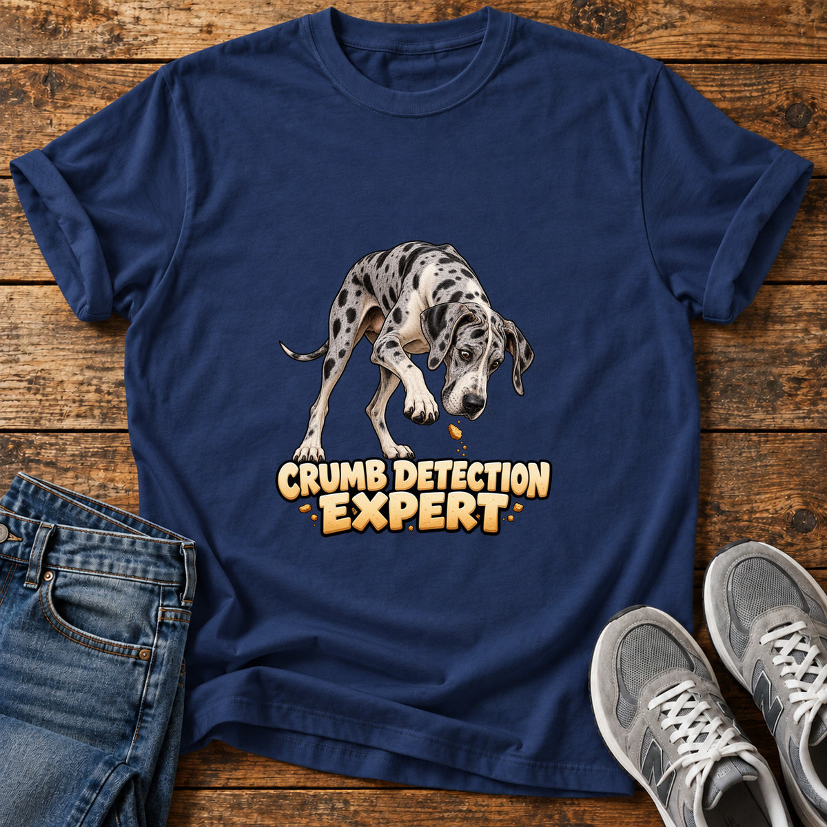 Crumb Detection Expert Great Dane graphic T-shirt in Navy, shown on a flat-lay shirt mockup