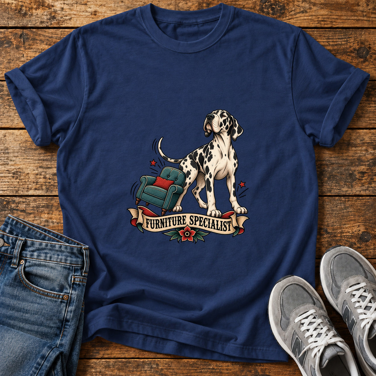 Furniture Specialist Great Dane graphic T-shirt in Navy, shown on a flat-lay shirt mockup
