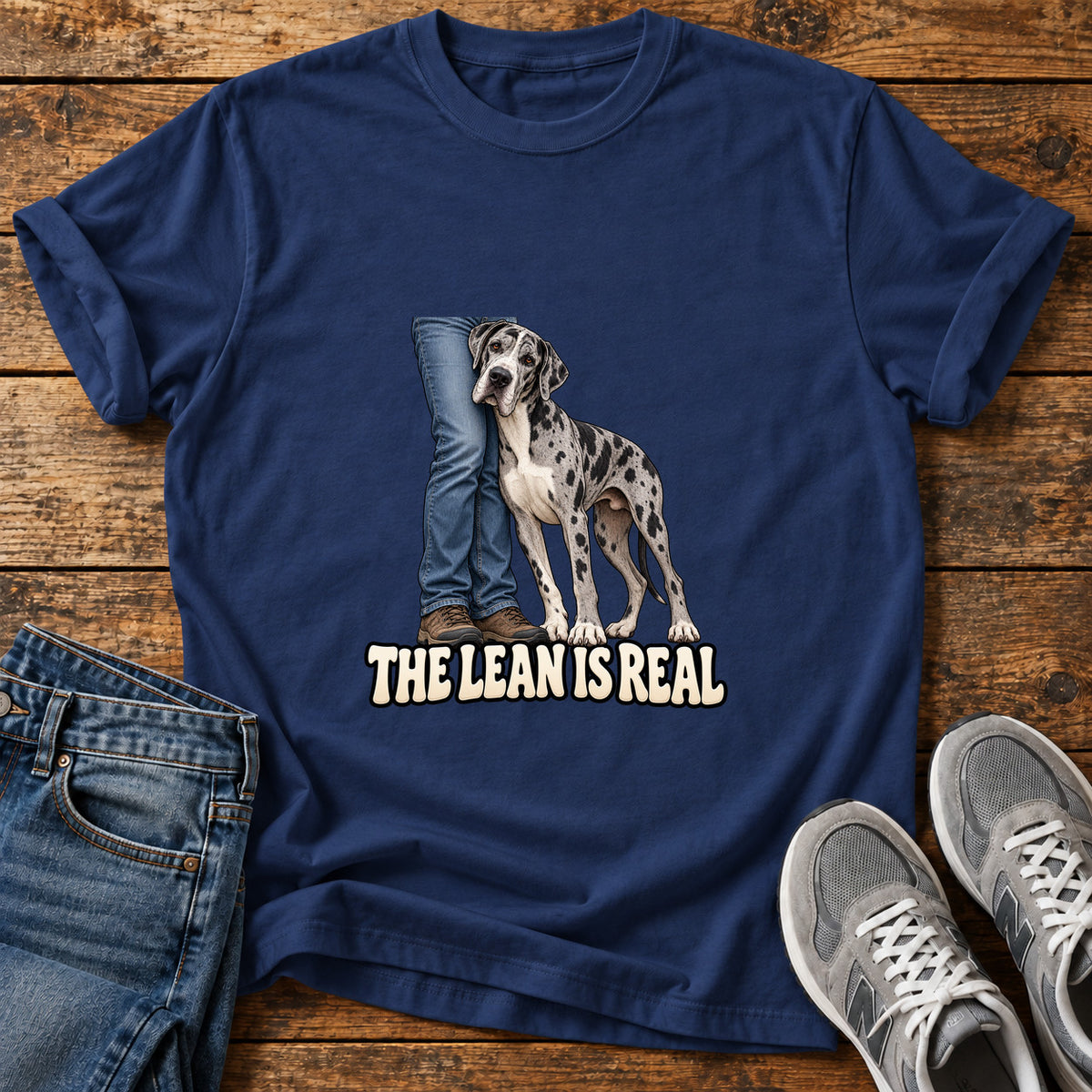 The Lean Great Dane graphic T-shirt in Navy, shown on a flat-lay shirt mockup