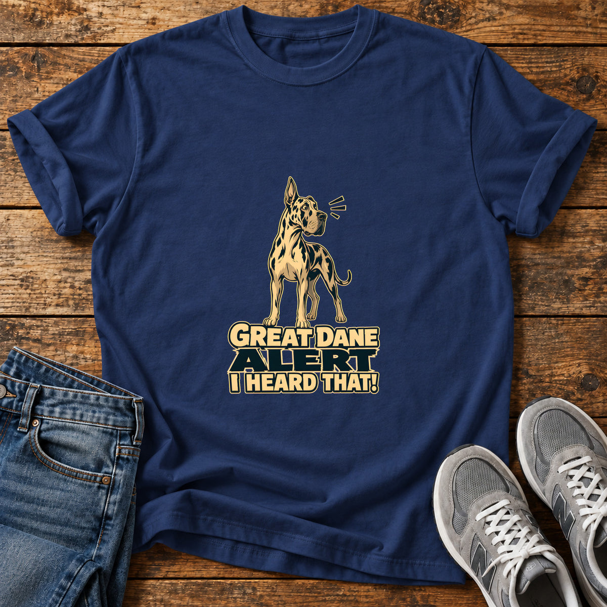 Great Dane Alert graphic T-shirt in Navy, shown on a flat-lay shirt mockup