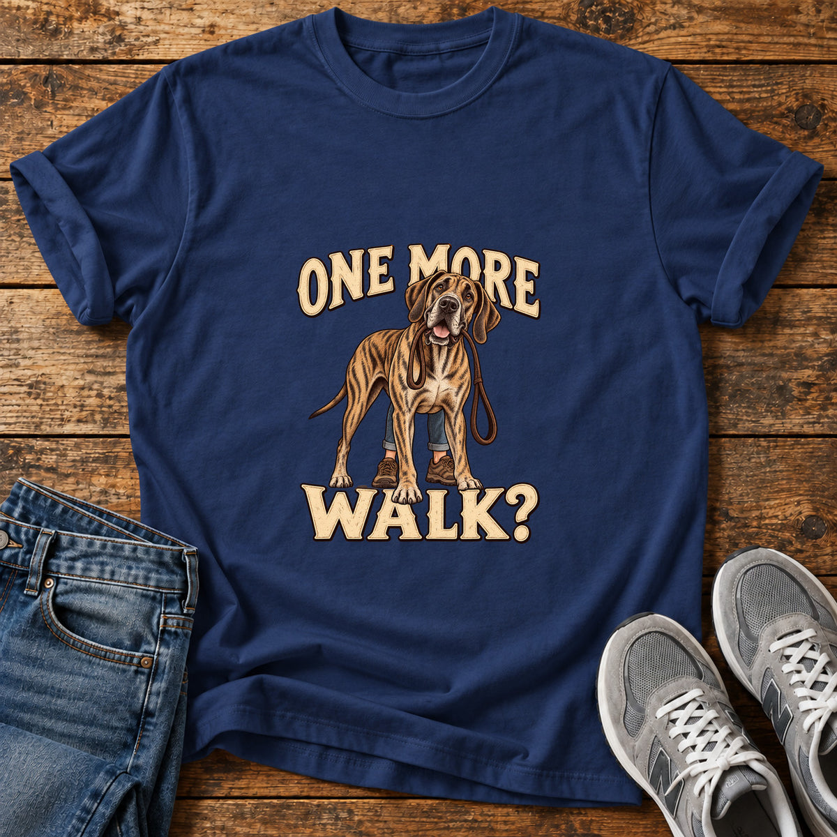 One More Walk Great Dane graphic T-shirt in Navy, shown on a flat-lay shirt mockup