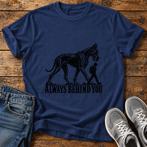 Always Behind Great Dane graphic T-shirt in Navy, shown on a flat-lay shirt mockup
