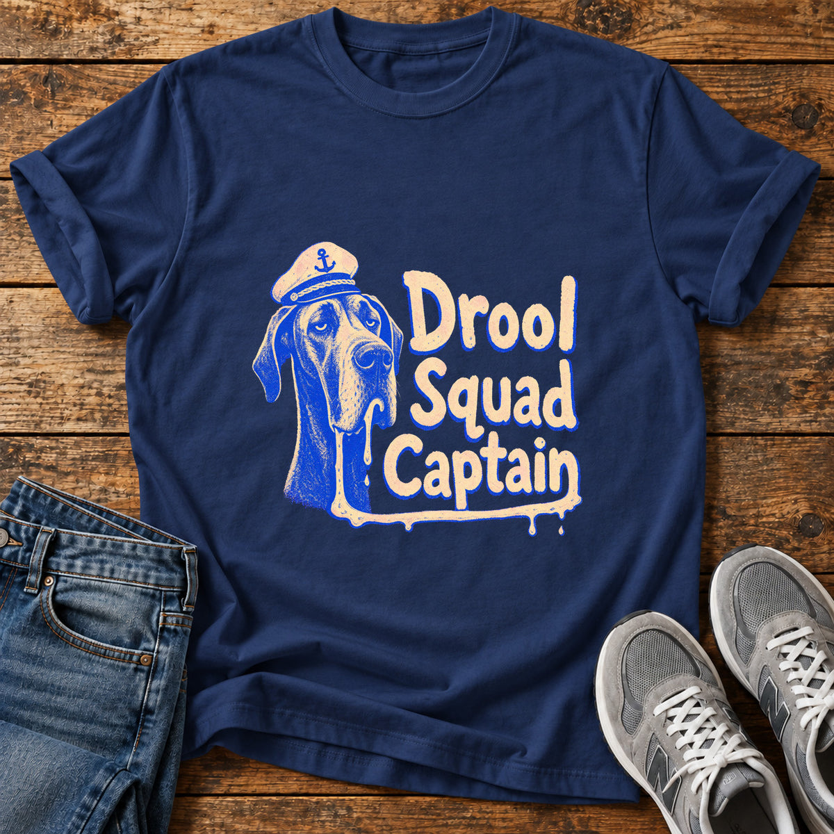Drool Squad Captain Great Dane graphic T-shirt in Navy, shown on a flat-lay shirt mockup