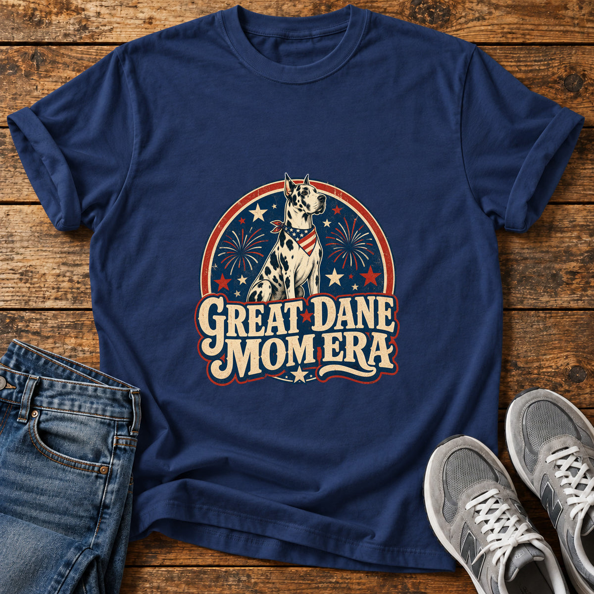 Great Dane Mom graphic T-shirt in Navy, shown on a flat-lay shirt mockup