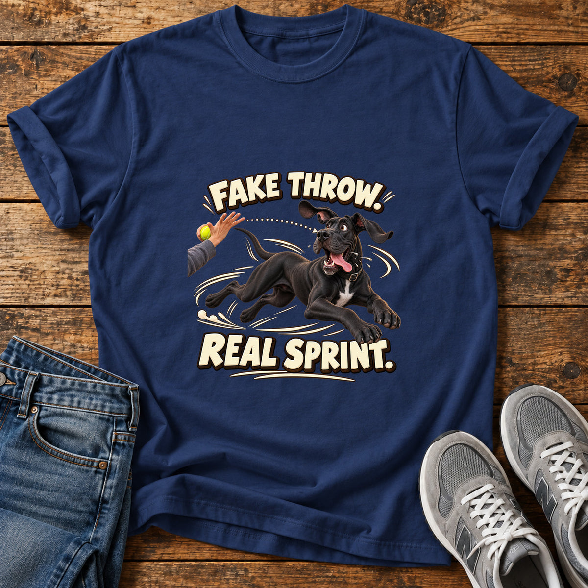Fake Throw Sprint Great Dane graphic T-shirt in Navy, shown on a flat-lay shirt mockup