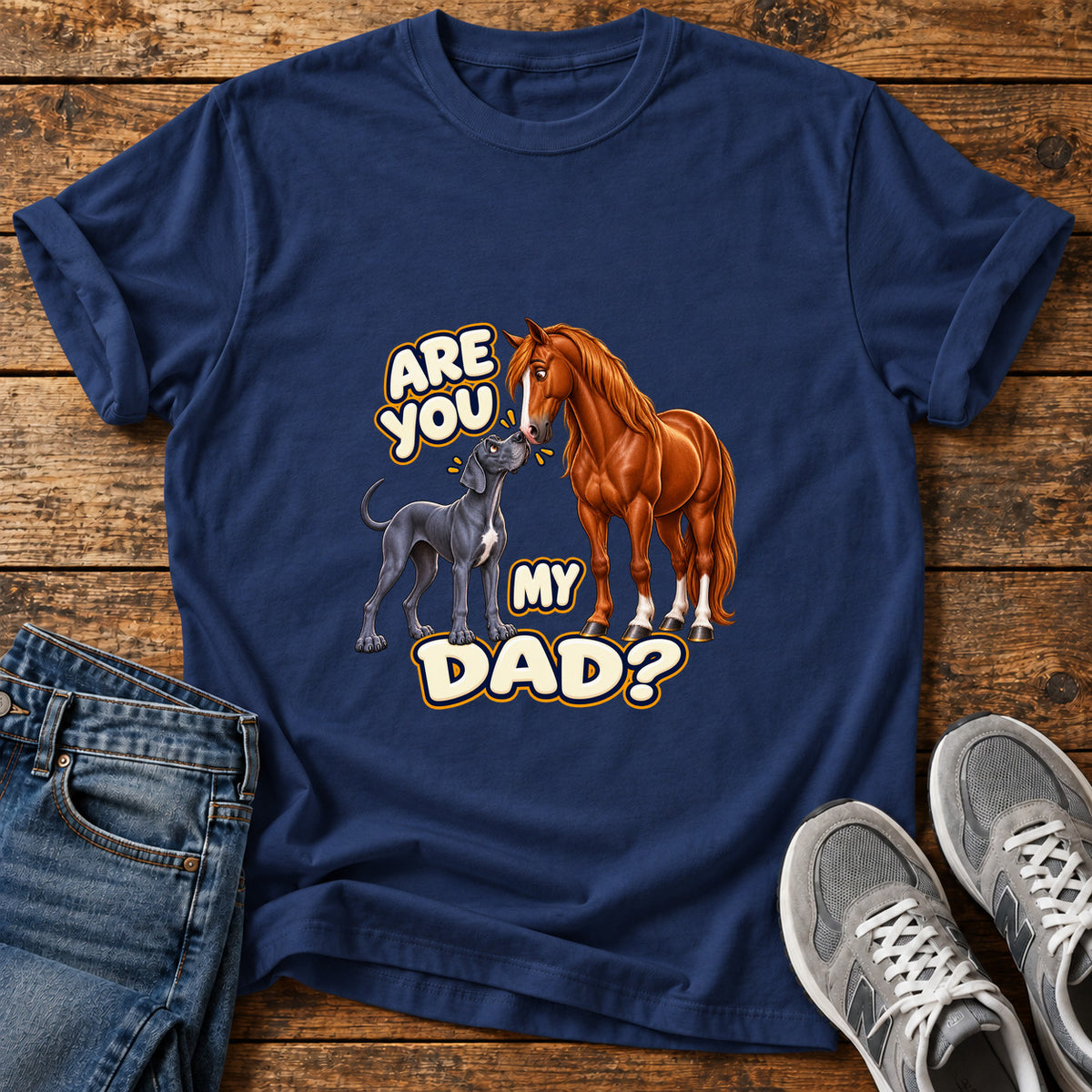 Are You Dad Great Dane graphic T-shirt in Navy, shown on a flat-lay shirt mockup