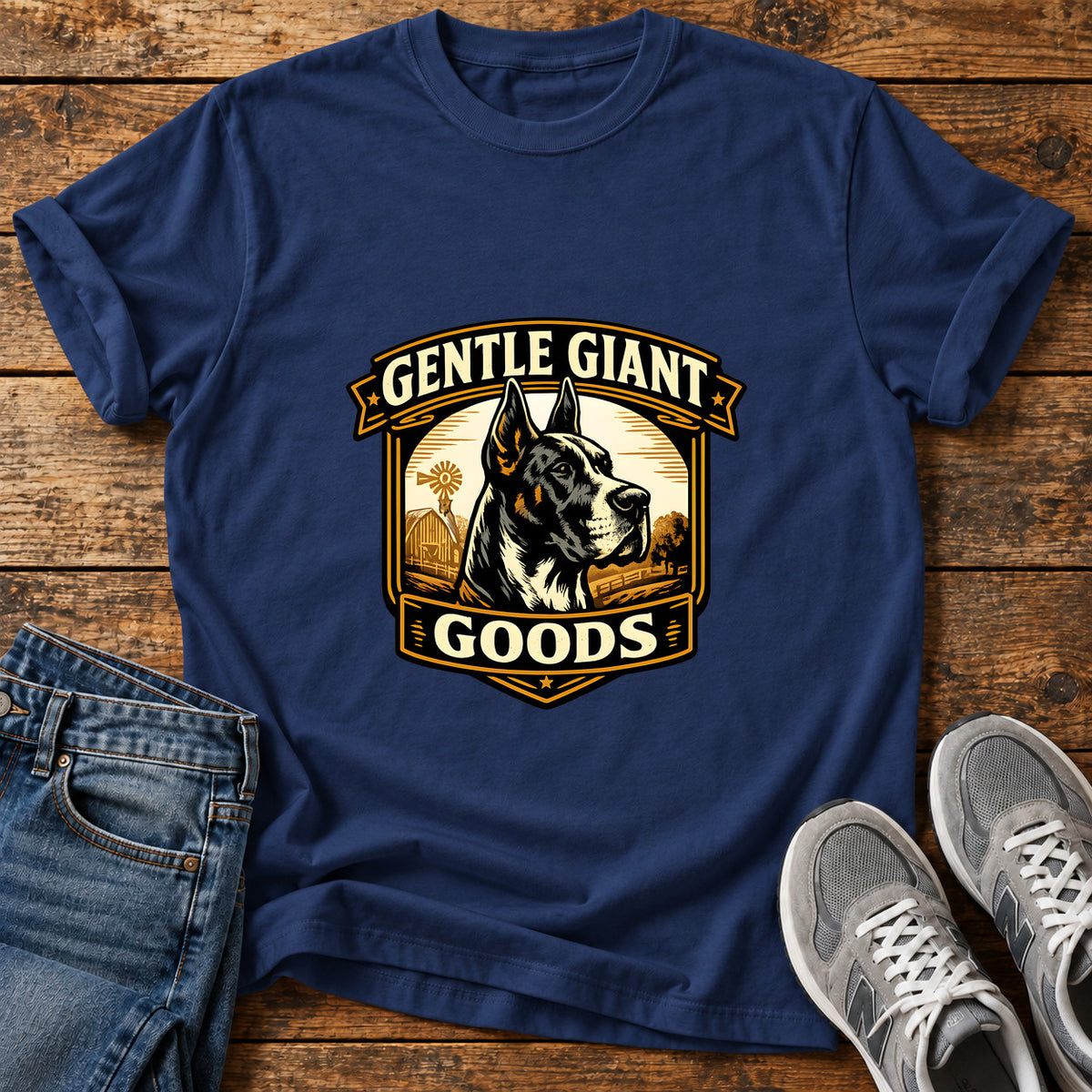 Gentle Giant Goods Great Dane graphic T-shirt in Navy, shown on a flat-lay shirt mockup