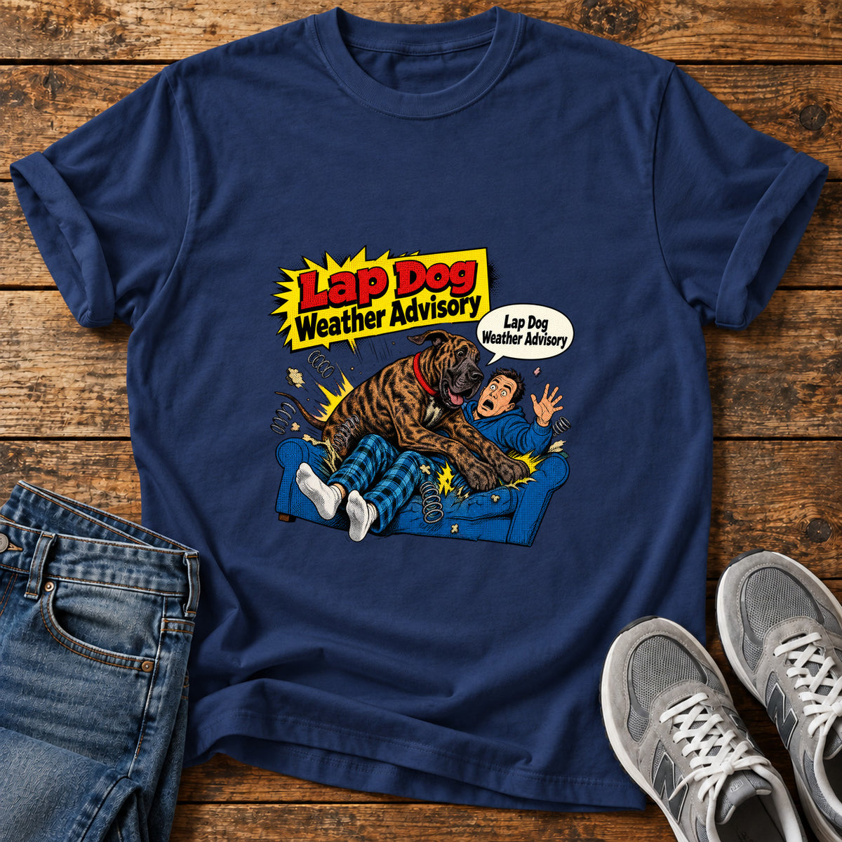 Lap Dog Advisory Great Dane graphic T-shirt in Navy, shown on a flat-lay shirt mockup