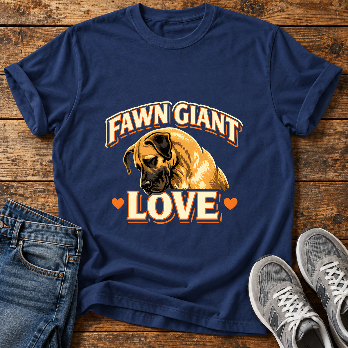 Fawn Giant Love Great Dane graphic T-shirt in Navy, shown on a flat-lay shirt mockup