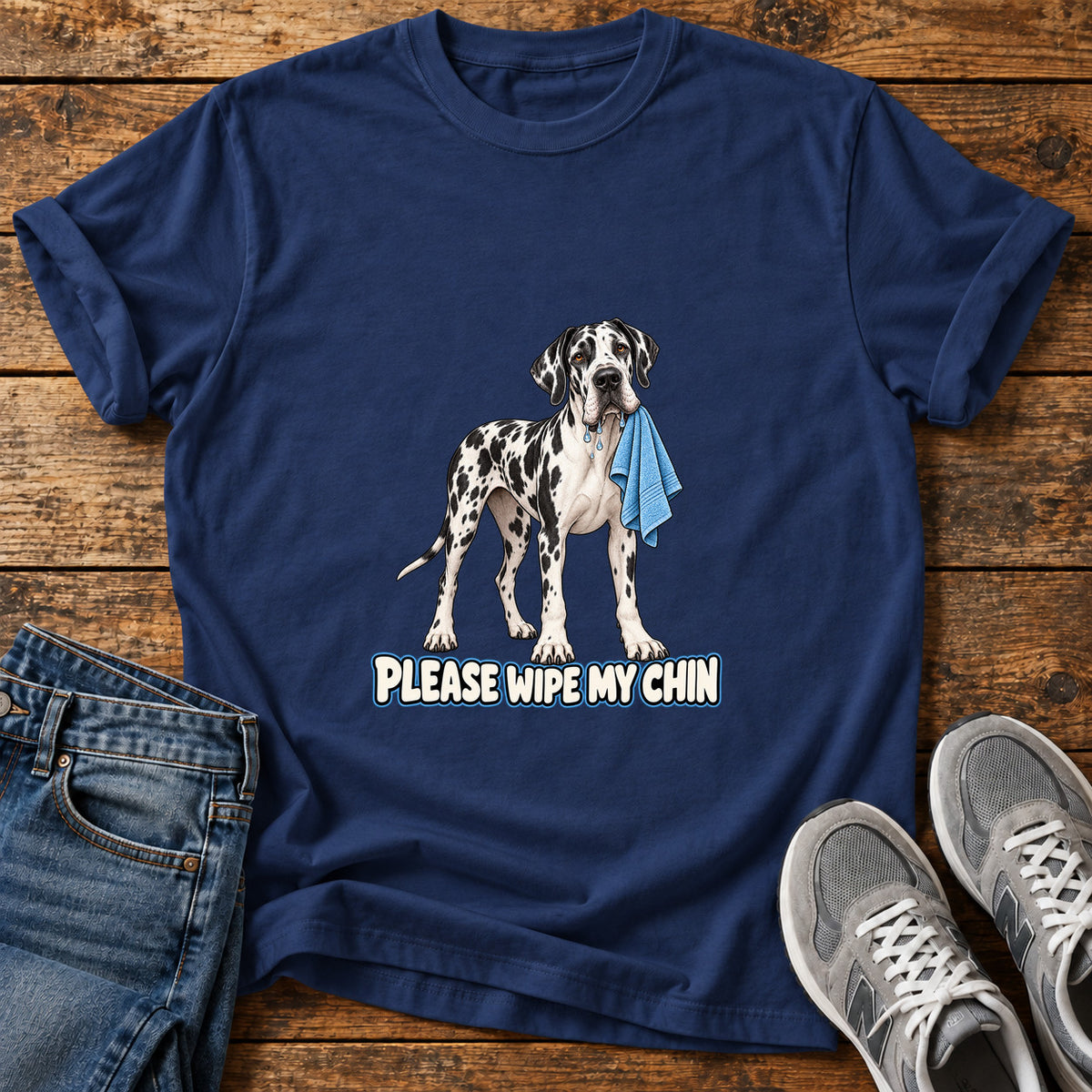 Wipe My Chin Great Dane graphic T-shirt in Navy, shown on a flat-lay shirt mockup