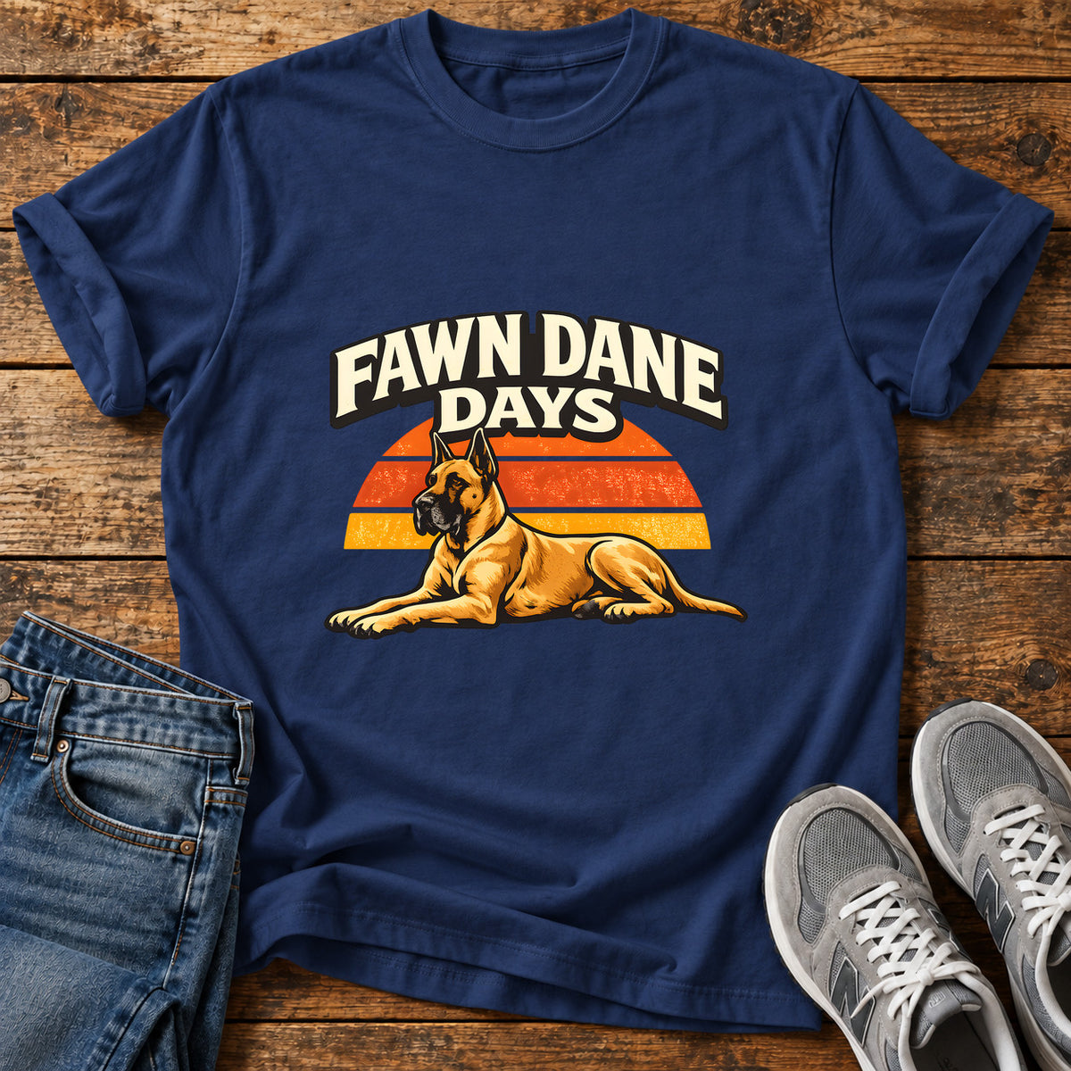 Fawn Dane Days Great Dane graphic T-shirt in Navy, shown on a flat-lay shirt mockup