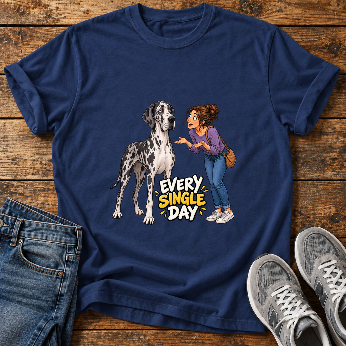 Every Single Day Great Dane graphic T-shirt in Navy, shown on a flat-lay shirt mockup