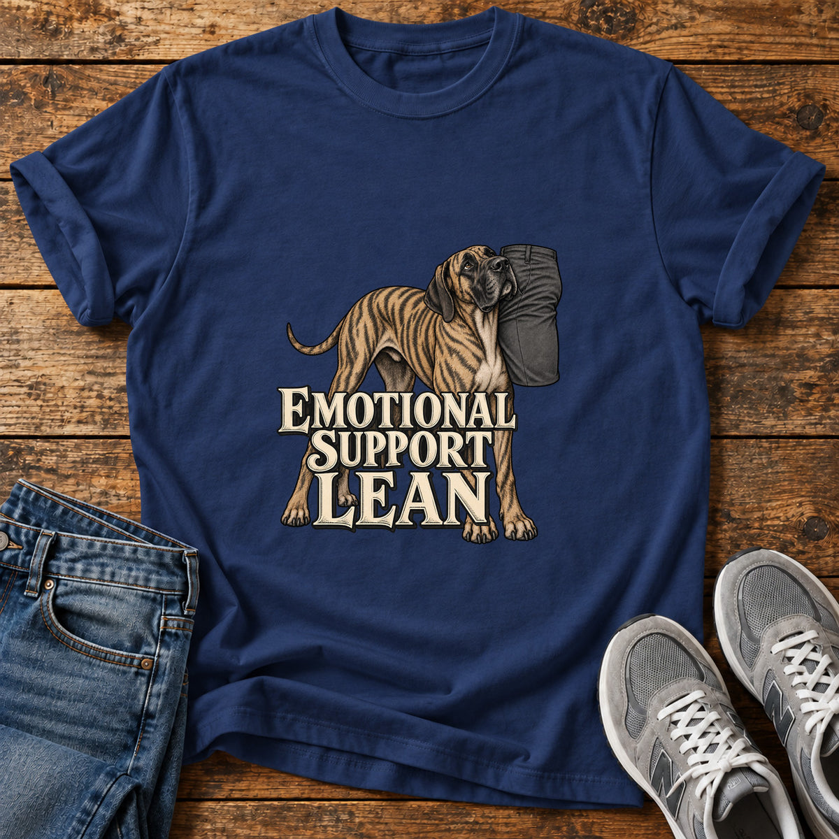 Emotional Support Lean Great Dane graphic T-shirt in Navy, shown on a flat-lay shirt mockup