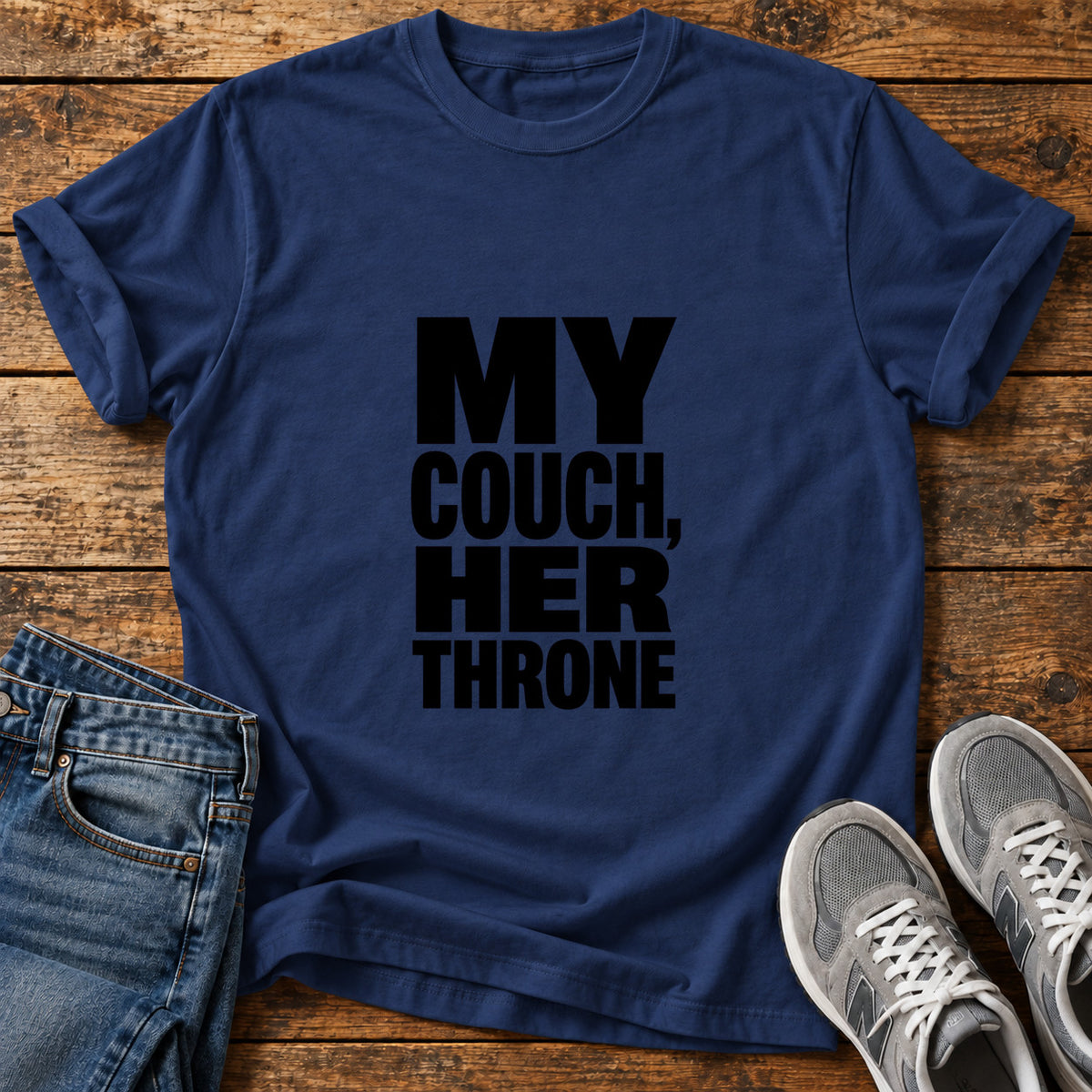 My Couch Throne Great Dane graphic T-shirt in Navy, shown on a flat-lay shirt mockup